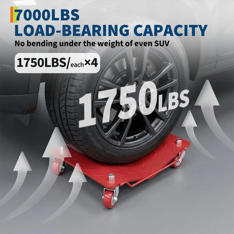 Heavy Duty Wheel Dolly Set Of 4 With 7000 Lbs Capacity Red Steel Dollies For Cars And Trucks Beefy Reinforced Base Smooth Roll Durable Shop Grade Gear For Easy Tire Changes. 7000 lbs load-bearing red steel wheel dolly under SUV tire