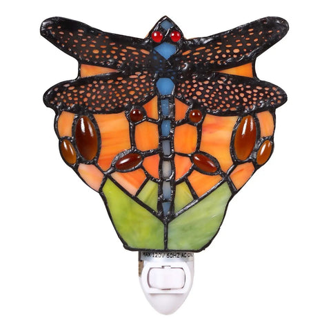 Tiffany Style Stained Glass Dragonfly Wall Lamp With Plug In Night Light Socket E12 LED Bulb Included 5 Inch Wide By 6 Inch High
