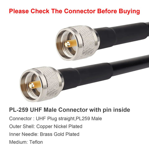 KMR 400 UHF Coax Cable With PL-259 UHF Male Connector, Ultra Low Loss 50 Ohm CB Cable close-up view of connectors