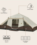 Front view of Ten Person Instant Cabin Tent With Built In Led Lighting And Pop Up Setup Large Lighted Camping Tent