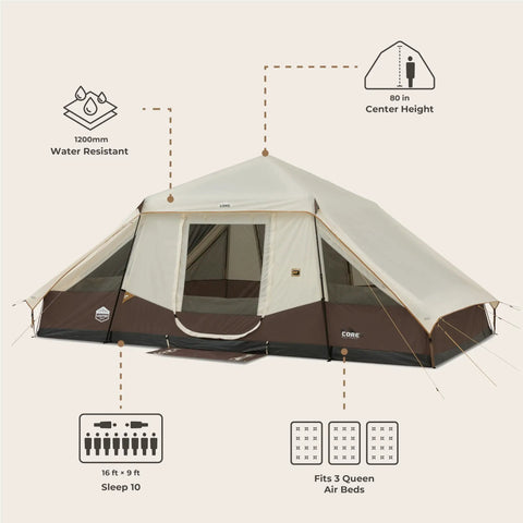 Front view of Ten Person Instant Cabin Tent With Built In Led Lighting And Pop Up Setup Large Lighted Camping Tent