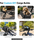 Ultimate Universal Front Cargo Rack For E Bikes With Head Tube Mount And 33 Lbs Capacity Plus Four Heavy Duty Straps For Secure Pig Nose Interface On Any Standard Bike Frame, shown in grocery shopping and pet carrier setups.
