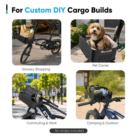 Ultimate Universal Front Cargo Rack For E Bikes With Head Tube Mount And 33 Lbs Capacity Plus Four Heavy Duty Straps For Secure Pig Nose Interface On Any Standard Bike Frame, shown in grocery shopping and pet carrier setups.
