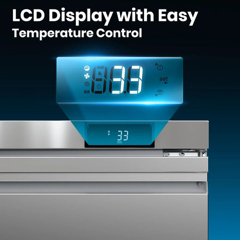 LCD display of Commercial Undercounter Refrigerator 20.9 Cubic Foot Three Door Stainless Steel Worktop Cold Storage showing temperature control.
