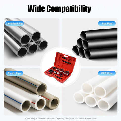 All In One Pipe Threading Kit With Seven Die Heads And Ratchet For PVC Galvanized Iron Plastic And PPR Pipes From Three Eighths Inch To Two Inches In Red Finish compatibility with various pipe types