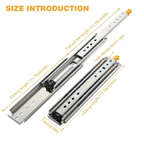 Heavy Duty Drawer Slides 44 Inch with Locking Runners, Metal Rails, Side Mount, Steel Track, Size Introduction