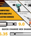 Diagram showing compatibility of 7/16 Inch Forstner Drill Bit With 1/4 Inch Quick Change Hex Shank with various drills.