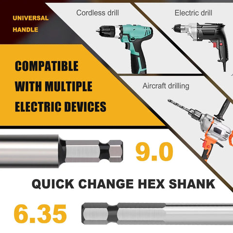 Diagram showing compatibility of 7/16 Inch Forstner Drill Bit With 1/4 Inch Quick Change Hex Shank with various drills.
