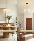 Pandaluna 15.75in Lantern Pendant Light, Wabi Sabi Faux Silk Hanging Lamp above a dining table and entryway.