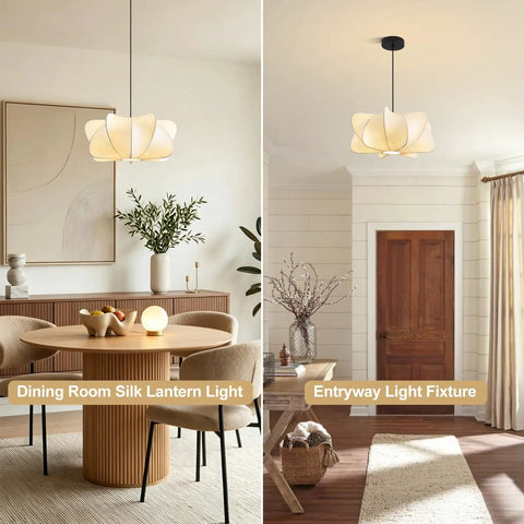 Pandaluna 15.75in Lantern Pendant Light, Wabi Sabi Faux Silk Hanging Lamp above a dining table and entryway.