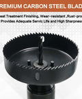 Axelord hole saw set with pilot drill bit on mandrel; black metal circular saw with sharp teeth