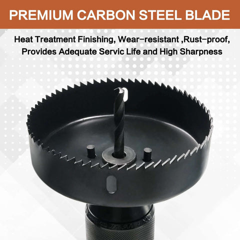Axelord hole saw set with pilot drill bit on mandrel; black metal circular saw with sharp teeth