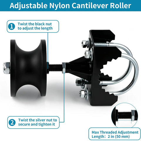 Adjustable nylon cantilever roller with steel U-bolt and mounting frame, max threaded adjustment 2 in