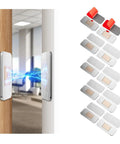 Grab These 16 Pairs Of No Drill Stainless Steel Magnetic Door Catches With Killer Adhesive Grip For Your Kitchen Bathroom Closet Or RV Drawer Latch To Keep Everything Locked Tight Without Any Messy Drilling Required And Super Easy To Install Today, showcasing steel latches on wood and ceramic surfaces.
