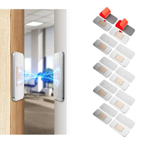 Grab These 16 Pairs Of No Drill Stainless Steel Magnetic Door Catches With Killer Adhesive Grip For Your Kitchen Bathroom Closet Or RV Drawer Latch To Keep Everything Locked Tight Without Any Messy Drilling Required And Super Easy To Install Today, showcasing steel latches on wood and ceramic surfaces.