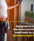 Worker wearing Top Grain Leather Construction Tool Pouch Dominant Right Side With 9 Pockets And A 3 Inch Belt Slit Pro Grade Built For Tough Tradesmen