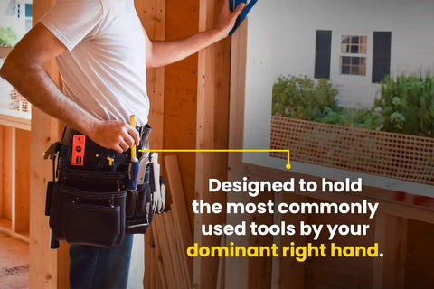 Worker wearing Top Grain Leather Construction Tool Pouch Dominant Right Side With 9 Pockets And A 3 Inch Belt Slit Pro Grade Built For Tough Tradesmen