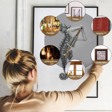 Self Drilling Drywall Anchor Kit With Screws For Hollow Walls And Gypsum Board Nylon Expansion Plugs in use for hanging fixtures.