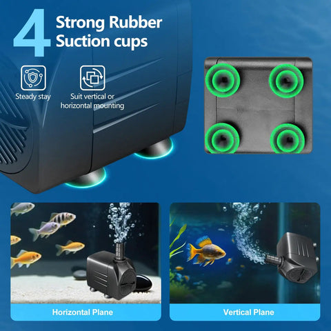 Whisper Quiet Submersible Pump for Aquariums Ponds and Hydroponics with Adjustable Flow showing rubber suction cups