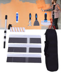 Professional Self Leveling Cement Tool Kit Featuring Four And Six Point Five Inch Notched Trowels Nine Inch Paint Roller Extension Pole Handle Plus Heavy Duty Scrapers For Dead Flat No Hassle Floors with scrapers and roller.