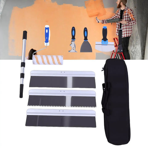 Kick Ass Self Leveling Cement Tool Kit With Long Reach Extension Pole Pro Grade Scrapers And Paint Rollers, metal scrapers and roller.