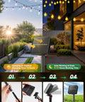 Outdoor Waterproof Solar String Lights 2 Pack, 72 Ft Total, 120 LEDs, 8 Lighting Modes, solar panel and installation guide visible.