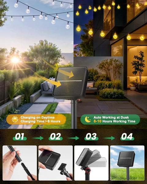 Outdoor Waterproof Solar String Lights 2 Pack, 72 Ft Total, 120 LEDs, 8 Lighting Modes, solar panel and installation guide visible.