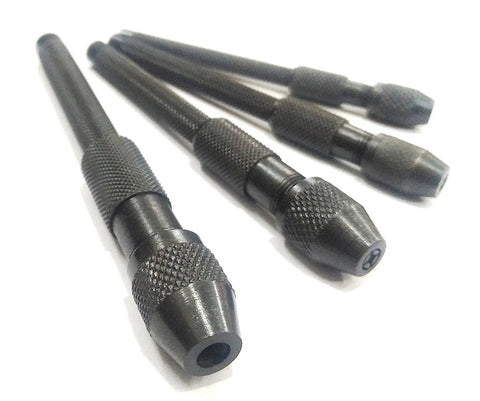Close-up of 4-piece Pin Chuck Collet Vise Set for DIY Jewelry Making and Hobby Machining, matte black finish, precision drilling tools.
