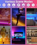 Various scene modes for Motion Sensor Under Bed Lights With 2x13.12Ft RGB LED Strips in different home settings.