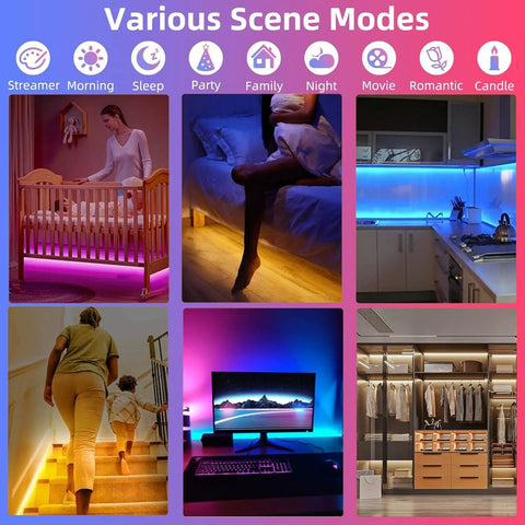 Various scene modes for Motion Sensor Under Bed Lights With 2x13.12Ft RGB LED Strips in different home settings.