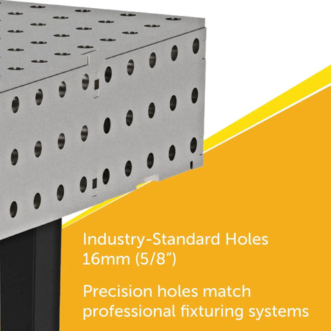 Close-up of Rock Solid Mobile Welding Fixture Table Featuring Precision Laser Grid Holes 48 By 48 By 36 Inches.
