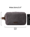 Canvas Travel Toiletry Bag For Men With Elastic Band Dopp Kit Water Resistant Organizer, Grey Medium next to smartphone for scale.