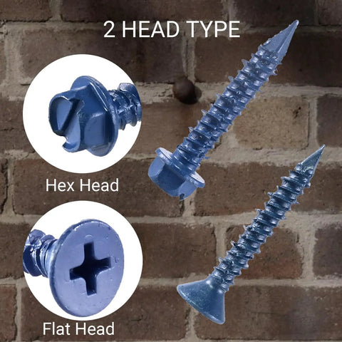 200 Piece Concrete Screw Kit With One Quarter Inch And Three Sixteenth Inch Masonry Screws, Diamond Point, Hex and Flat Head
