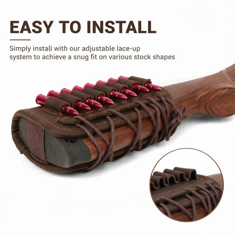 Adjustable Cheek Riser Rifle Stock Pad With Leather Protection And Eight-Round Ammo Holder, lace-up on wooden buttstock