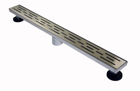 Linear Shower Drain 30 Inch Brick Pattern In Brushed Stainless Steel With Hair Strainer Leveling Feet Threaded Adapter