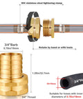 Solid Brass Garden Hose Repair Kit With Stainless Steel Clamps, Swivel Fittings And Three Quarter Inch Barb To Three Quarter Inch Female Adapters, Includes Gasket And PTFE Tape, US Garden Hose Thread For Quick, Leak Free Outdoor Watering diagram showing parts and measurements