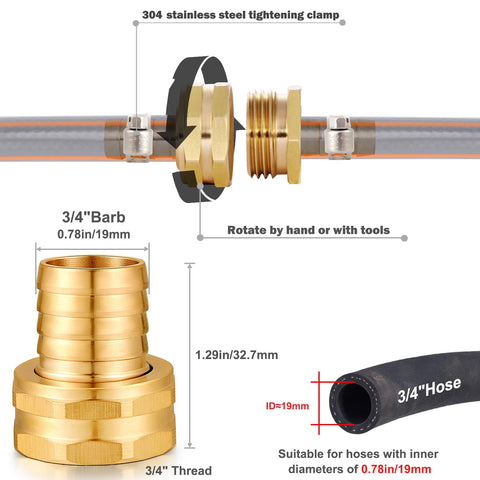 Solid Brass Garden Hose Repair Kit With Stainless Steel Clamps, Swivel Fittings And Three Quarter Inch Barb To Three Quarter Inch Female Adapters, Includes Gasket And PTFE Tape, US Garden Hose Thread For Quick, Leak Free Outdoor Watering diagram showing parts and measurements