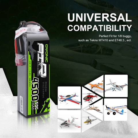 Two 4S 14.8V 4500mAh 50C LiPo Battery Packs With Dean-Style T Plugs for RC Cars and Drones next to compatible models