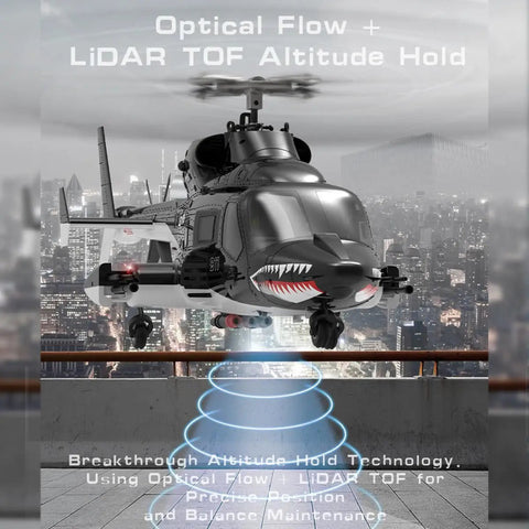 Indoor RC Copter For Adults With GPS 2.4GHz 9CH Flybarless Stability 6G And 3D Stunt Modes in flight with LED lights and LiDAR