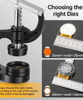 16Pcs Watch Press Tool Set With Back Case Closer For Closing Watch Covers Battery Replacement Tool Kit Watch Opener Remover With Pry Opener Spring Bar Tool 18 To 50 mm Circular Dials, choosing the right dies with measurement guide.