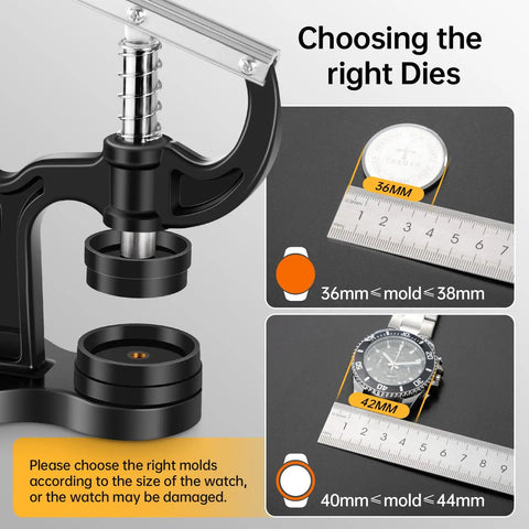 16Pcs Watch Press Tool Set With Back Case Closer For Closing Watch Covers Battery Replacement Tool Kit Watch Opener Remover With Pry Opener Spring Bar Tool 18 To 50 mm Circular Dials, choosing the right dies with measurement guide.