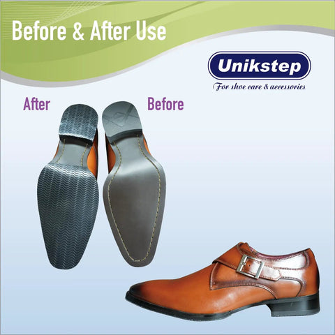 Two Pairs Across Four Pieces Wave Pattern Shoe Sole Protectors With Self Adhesive Anti Slip Grips Before and After Use