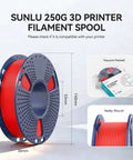Red spool of SUNLU 250g 3D printer filament, dimensions highlighted, part of PLA 1.75mm Filament Bundle For 3D Printers, 2kg Total, 8 Spools Of 250g, Colorful Set With Roasted Chestnut Black, Bone White, Grey, Coffee Brown, Red, Klein Blue, Vivid Yellow, Olive Green, Great For Students, Makers, And Pro Creations.