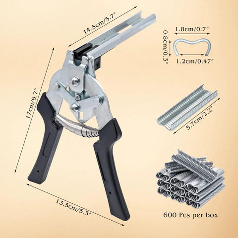 Type M Hog Ring Pliers Kit With 3000 M Clips, pliers with dimensions and clips shown, for auto upholstery and wire cage fastening.