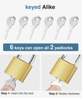 Two Pack Keyed Padlocks Waterproof 33mm Locker Locks With Keys showing six keys and usage steps for indoor and outdoor use
