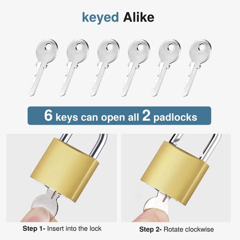 Two Pack Keyed Padlocks Waterproof 33mm Locker Locks With Keys showing six keys and usage steps for indoor and outdoor use