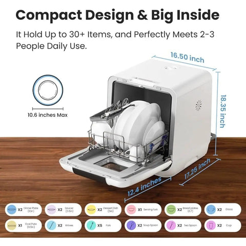 Hassle Free Countertop Dishwasher Plops Onto Your Kitchen Counter with a compact design holding up to 30 items.