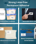Waterproof White Write On Label Stickers Made From Durable Polypropylene With Permanent Adhesive Perfect For Bottles Storage Bins Pantry And Cleaning Supplies 2.8x1.6 Inches 500 Per Roll Super Easy To Use shown on various containers