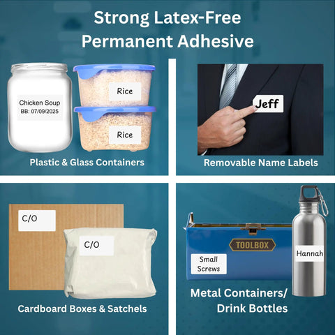 Waterproof White Write On Label Stickers Made From Durable Polypropylene With Permanent Adhesive Perfect For Bottles Storage Bins Pantry And Cleaning Supplies 2.8x1.6 Inches 500 Per Roll Super Easy To Use shown on various containers
