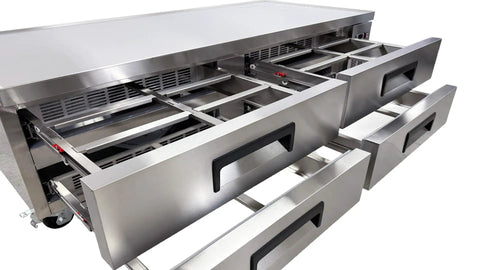 Rugged Build 72 Inch Chef Base Commercial Refrigerator With Four Smooth Gliding Stainless Steel Drawers For Kitchen Prep Stations.